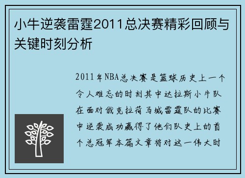 小牛逆袭雷霆2011总决赛精彩回顾与关键时刻分析
