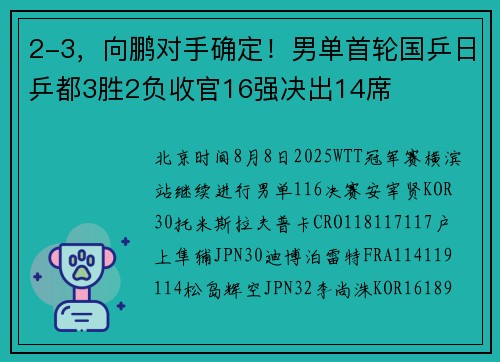 2-3，向鹏对手确定！男单首轮国乒日乒都3胜2负收官16强决出14席
