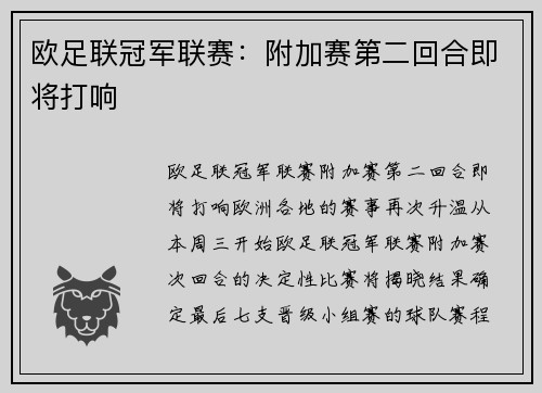 欧足联冠军联赛：附加赛第二回合即将打响
